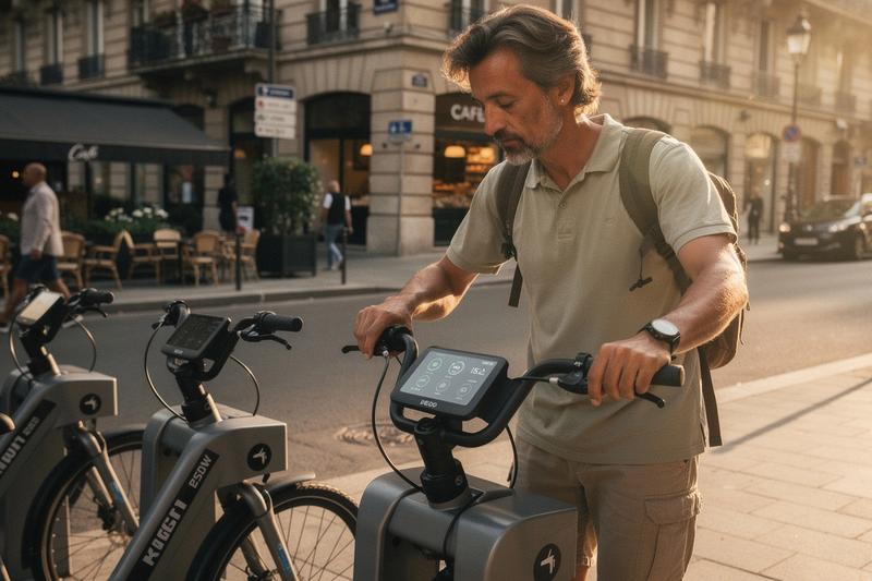 Rider checking a rental e-bike display at a Kyiv station