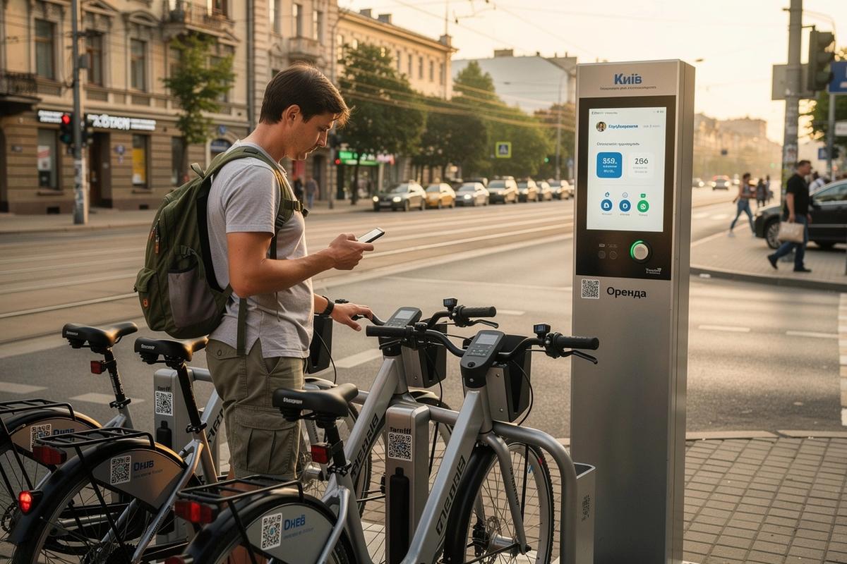 Rider checking an e-bike rate on a phone next to a rental station