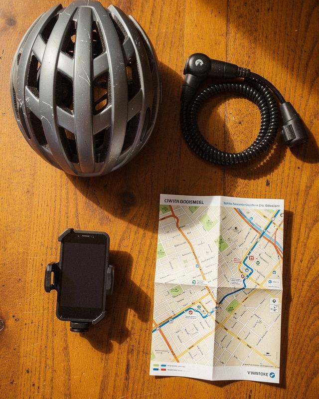Helmet, cable lock, phone mount and printed route map laid out on a wooden table